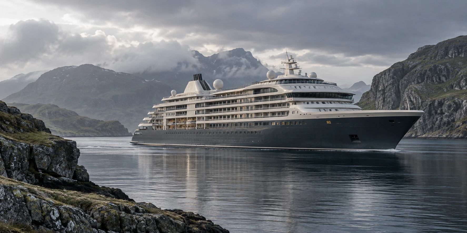 Limestone-coloured cruise ship in northern light near the British Isles